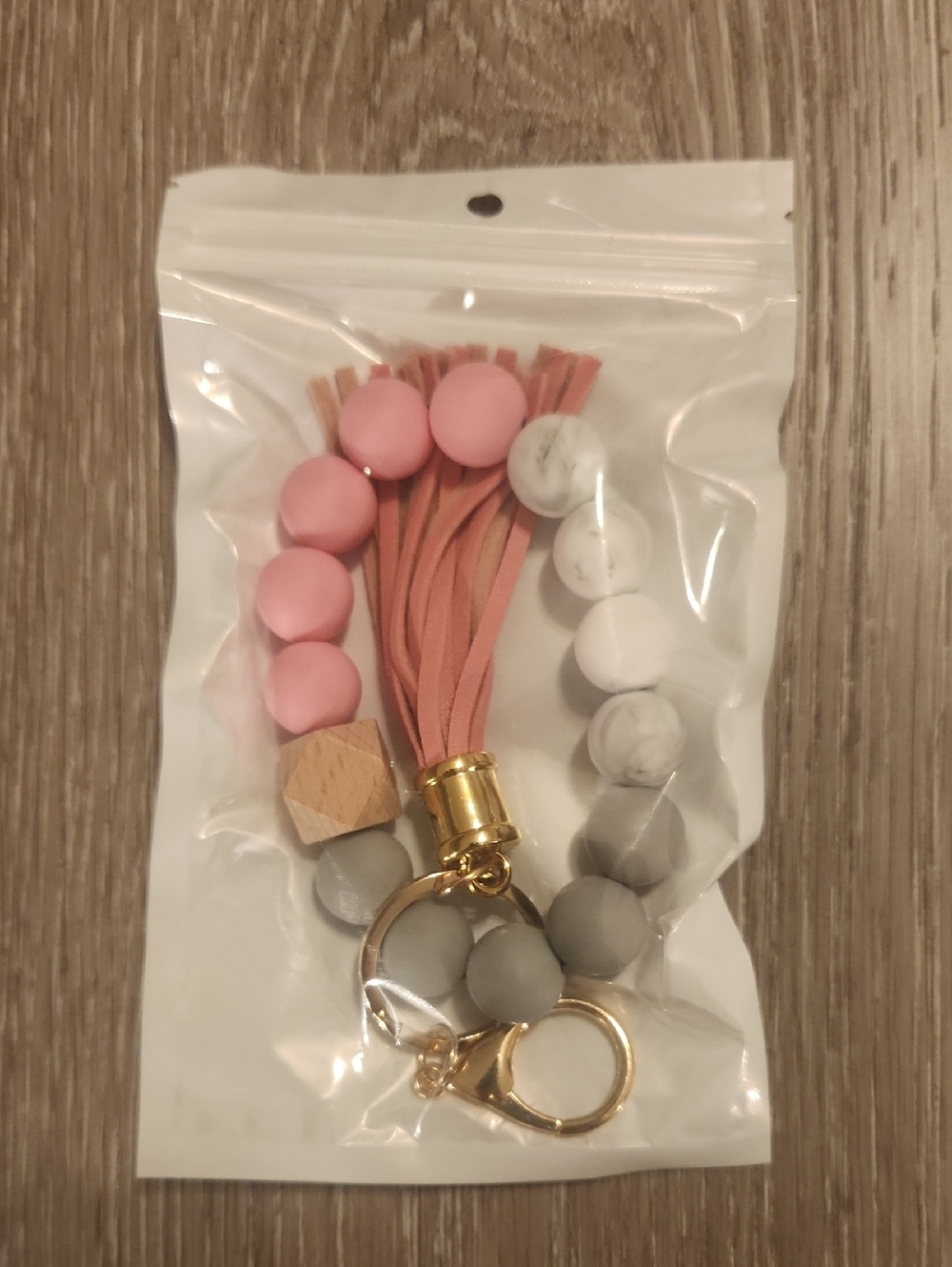 Pink & Gray Beaded Tassel Keychain with Gold Hardware